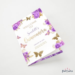 Quinceanera Program Butterfly Template, Purple Quince Party Programs Printable, Lilac Floral Gold Butterflies Card, Editable Download P36