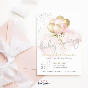Baby Namenseinladung, Mädchen Taufe Zeremonie Vorlage, Pastell Boho Pink Gold Luftballons Einladen, bearbeitbarer digitaler Download P344