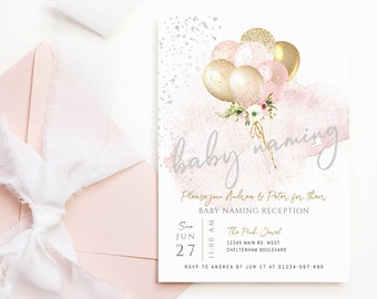 Baby Naming Invitation, Girls Baptism Ceremony Template, Pastel Boho Pink Gold Balloons Invite, Editable Digital Download P344