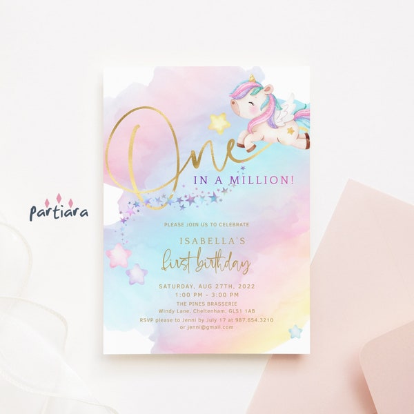 DIY Pastel Unicorn Birthday Invitation Girl EDITABLE 1st Birthday Party Magical Rainbow One in a Million Partiara Printable Decor P179