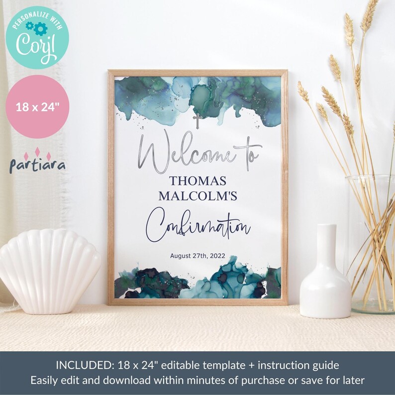 Baptism Welcome Sign Teal Party Printable, Confirmation Welcome Poster ...
