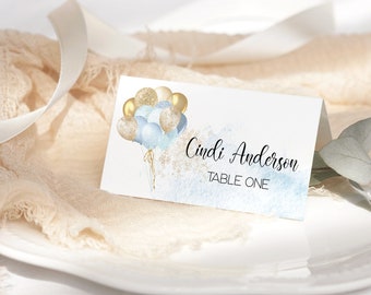 Baptism Table Name Place Cards Printable Boy 1st Birthday Christening Baby Shower Food Tents Editable Template Pastel Balloon Decor P290 P10
