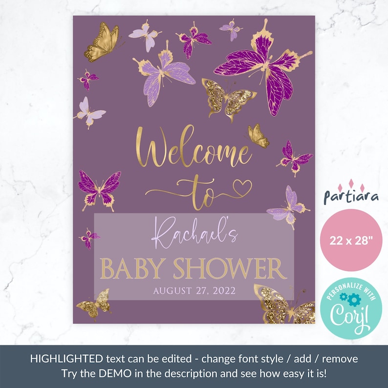 Purple Gold Butterfly Baby Shower Sign Printable Girl Baby Etsy