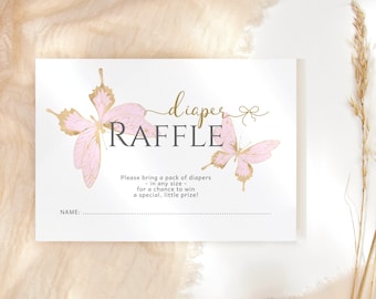 Butterfly Diaper Raffle Insert Cards Editable Template, Girl Pink Baby Shower Invitation Game Card Inserts, Printable Instant Download P6