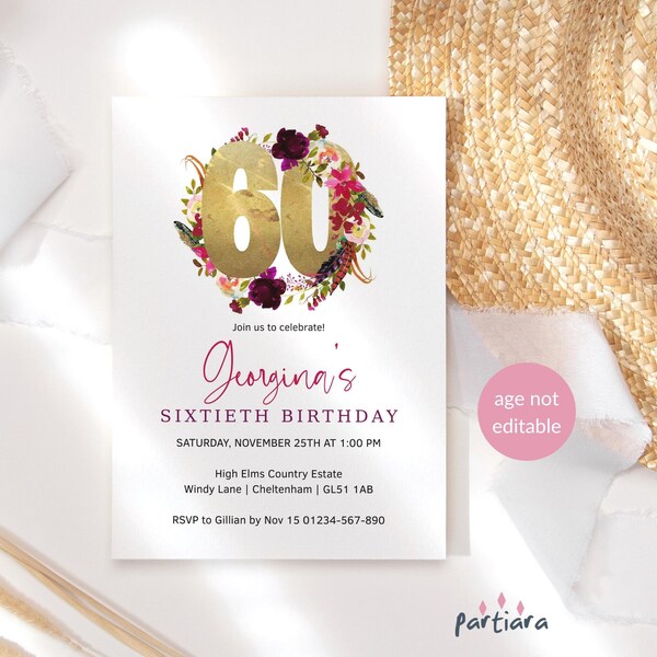 Floral 60th Invitation Birthday Party Printable for Ladies, Elegant Pink Purple Gold Invite Card Digital Download Editable Template P444
