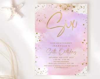 6th Birthday Digital Invitation Download Girl's Pastel Pink Lilac Gold Ombre Disco Party Invites Flyer Printable Editable Template P806