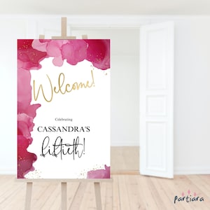 Red Welcome Sign Birthday Party Printable, Ladies Ruby Red White Gold Christmas Welcome Poster Decor Editable Digital Download Template P439