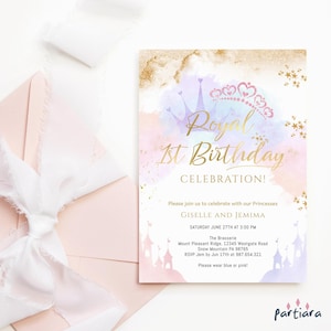 1. Geburtstag Prinzessin Einladung, Königlicher Erster Geburtstag Einladen, Zwillingsmädchen Märchenschloss Karte, Pastell Rosa Flieder Bearbeitbare Vorlage P137