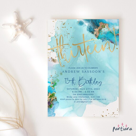 13th Birthday Invitation Editable Aqua Turquoise Teal Blue - Etsy