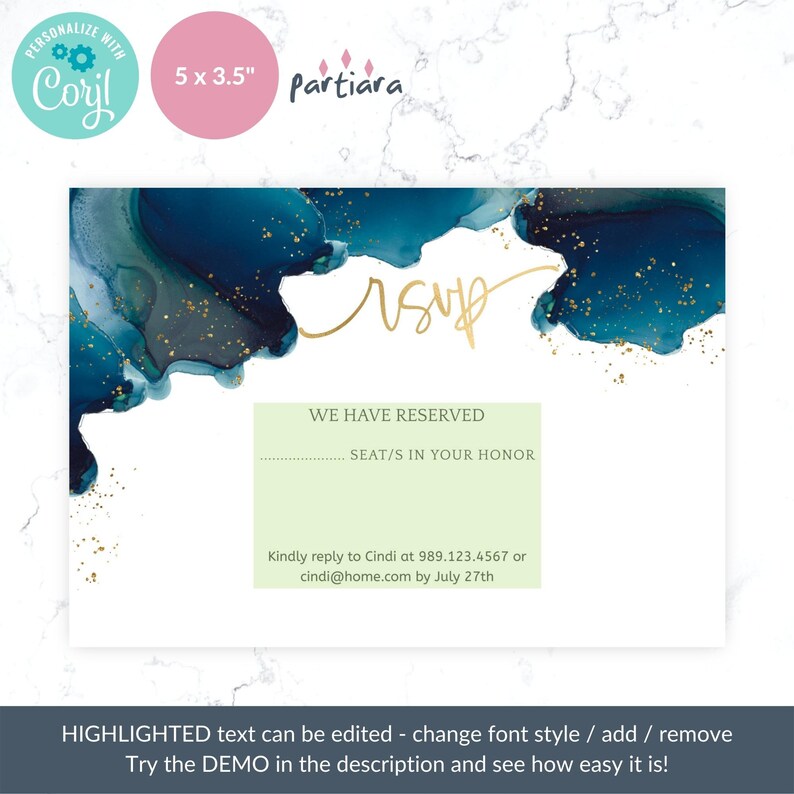 Birthday RSVP Card Printable Teal Blue and Gold Ladies Party - Etsy