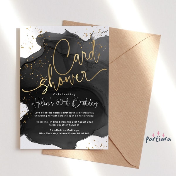 Birthday Card Shower Editable Template Black and Gold 50th 60th 70th 80th Celebration from Afar Invites Printable Digital Download P255