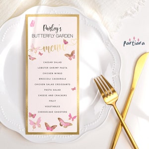 Modello di menu di compleanno a farfalla, menu per cene di ragazze stampabili, menu rosa per baby shower, download modificabile P144