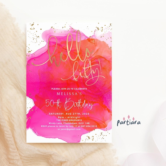 Tropical 50th Invitation Hello Fifty Hot Pink Orange Invite Printable Ladies Dinner Dance Party Invites Editable Digital Download P200