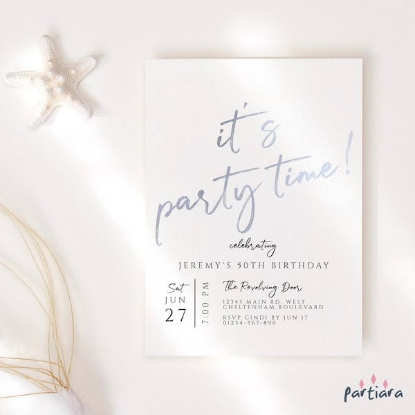 Editable Its Party Time Invitation Template All White Silver Dinner Drinks Invite Printable for Men or Ladies Winter Holidays Download P245