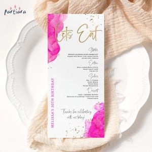 Girls Birthday Dinner Menu Template, Teens or Ladies Party Event Menus Printable, Hot Pink Gold Decor, Editable Digital Download P200