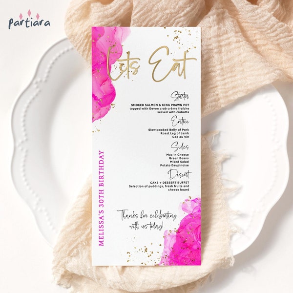 Hot Pink Menu Card Printable Ladies Birthday Lets Eat Dinner Party Retirement Dinner Table Menus Editable Digital Download Template P200