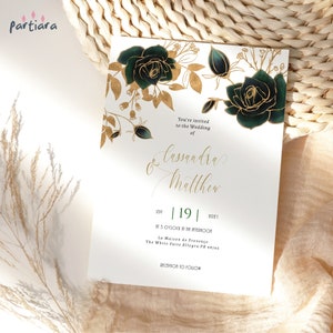 DIY Wedding Invitation Editable Template Emerald Green and Gold Roses Elegant Floral Party Invites Printable Digital Download P193