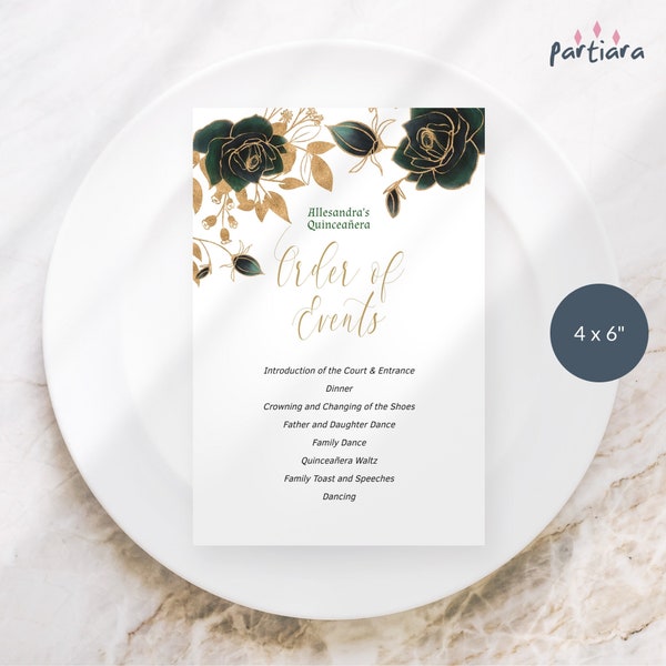 Emerald Green Order of Events Card Printable, Girl's Quinceanera Floral Dinner Party Details Template, Editable Digital Download P193