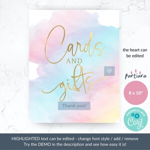 Pu&ograve; includere: Uno sfondo ad acquerello con una scritta dorata che recita "Cards and gifts" con una piccola icona a forma di cuore. Il testo "Thank you!" &egrave; incluso. Il testo "the heart can be edited" &egrave; in nero. Il testo "Partiara" &egrave; in rosa. Il testo "8 x 10" &egrave; in nero. Il testo "PERSONALIZE WITH Coryl" &egrave; in un cerchio blu con un'icona a forma di ingranaggio.