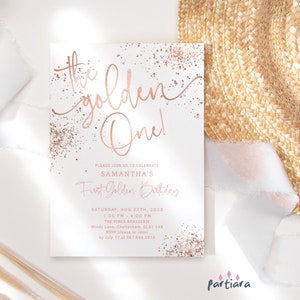 The Golden One Invitation, 1st Birthday Golden Party Invite Printable, Girlie Rose Gold White Decor, Editable Download Template P493