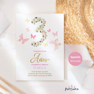 3rd Birthday Invitation Butterfly Spanish Invite Digital Download for Girls, Pink Gold Floral Decor Printable, Editable Template P376