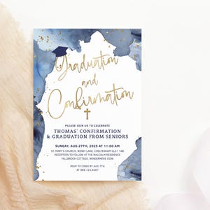 Gemeinsame Abschlussfeier Bestätigung einladen Vorlage, Jungen Marineblau Gold Einladung druckbar, bearbeitbare digitale Download Karte P239