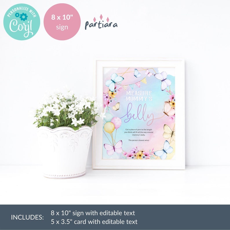 Butterfly Baby Shower Game How Big is Mommys Belly Sign and Notecard