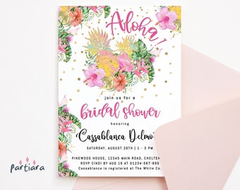 Bridal Shower Invitation Pink Yellow Tropical Hawaiian Floral Brunch Lunch or Dinner Party Invite Printable Aloha Luau Theme Printable P47