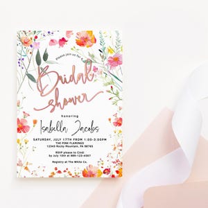 Faire-part de douche nuptiale de fleurs sauvages, invitation de fête d'été florale de douche nuptiale, carte de brunch de mariage rose orange imprimable, P890 modifiable