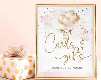 Blush Pink Gold Party Cards and Gifts Sign Printable Baby Girl Birthday Bridal Shower Gift Table Poster Decor Floral Balloons Editable P344