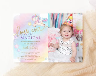 Invitación de cumpleaños mágica para niña: Unicornio, 4.º cumpleaños, editable, arcoíris pastel P179