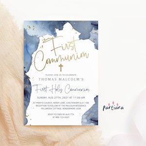 Erste Kommunion Einladung Blau Gold Vorlage für Jungen, erste heilige Kommunion lädt druckbare bearbeitbare digitale Download-Karten ein P239