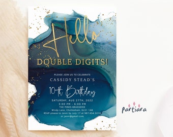 Invitación de doble dígito de Hello, invitaciones para fiesta de cumpleaños número 10 de niñas, imprimibles, tarjeta azul verdoso y dorada, plantilla de descarga digital editable P231