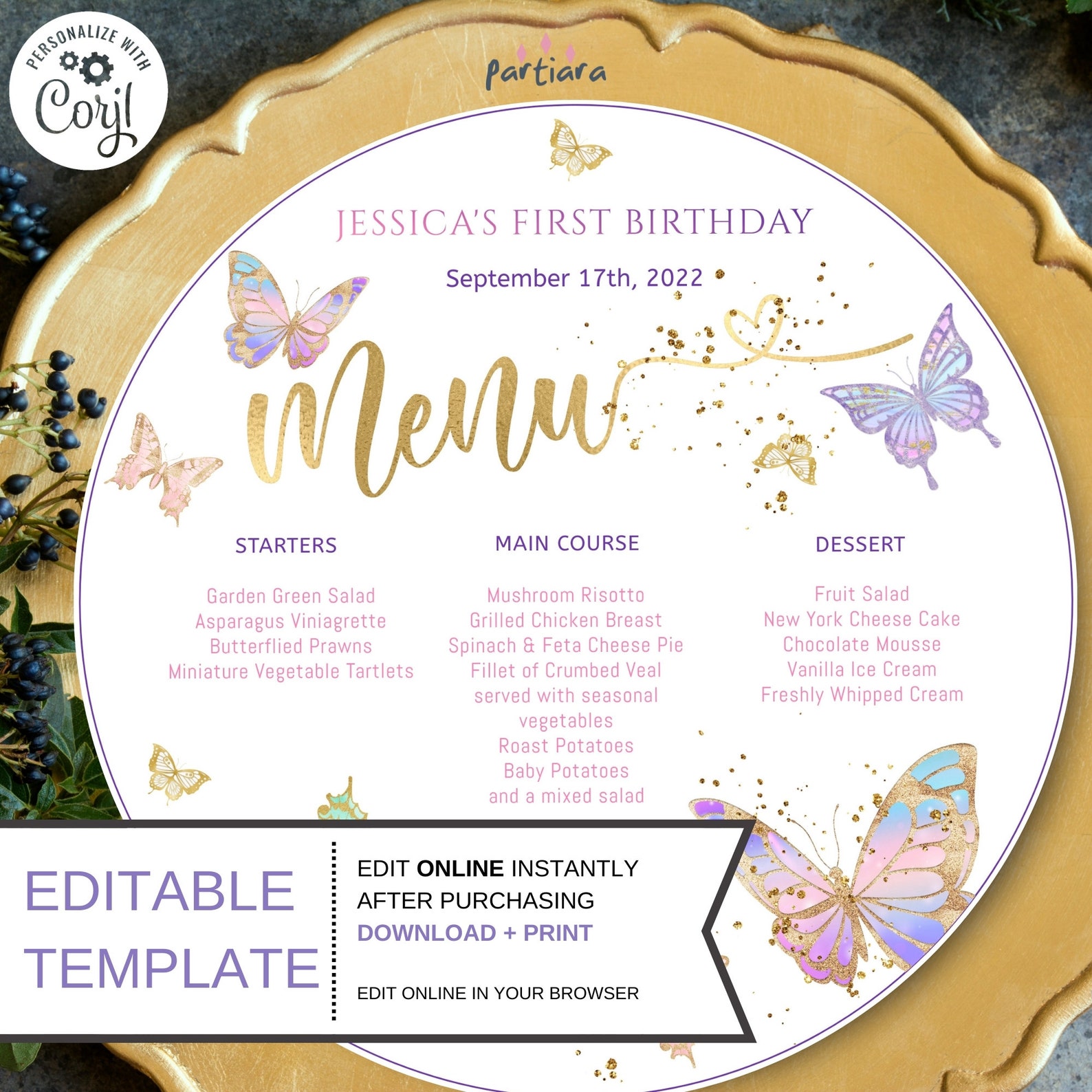 Butterfly Menu Card Editable Template Girl Plate Charger Menus Etsy UK