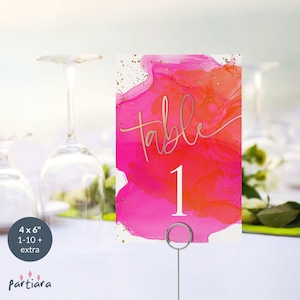Carte da tavolo con numeri rosa e arancioni, stampabili, decorazione per feste di compleanno, modificabili, download, fucsia caldo, rosa, oro, tropicale, carta da seduta P200