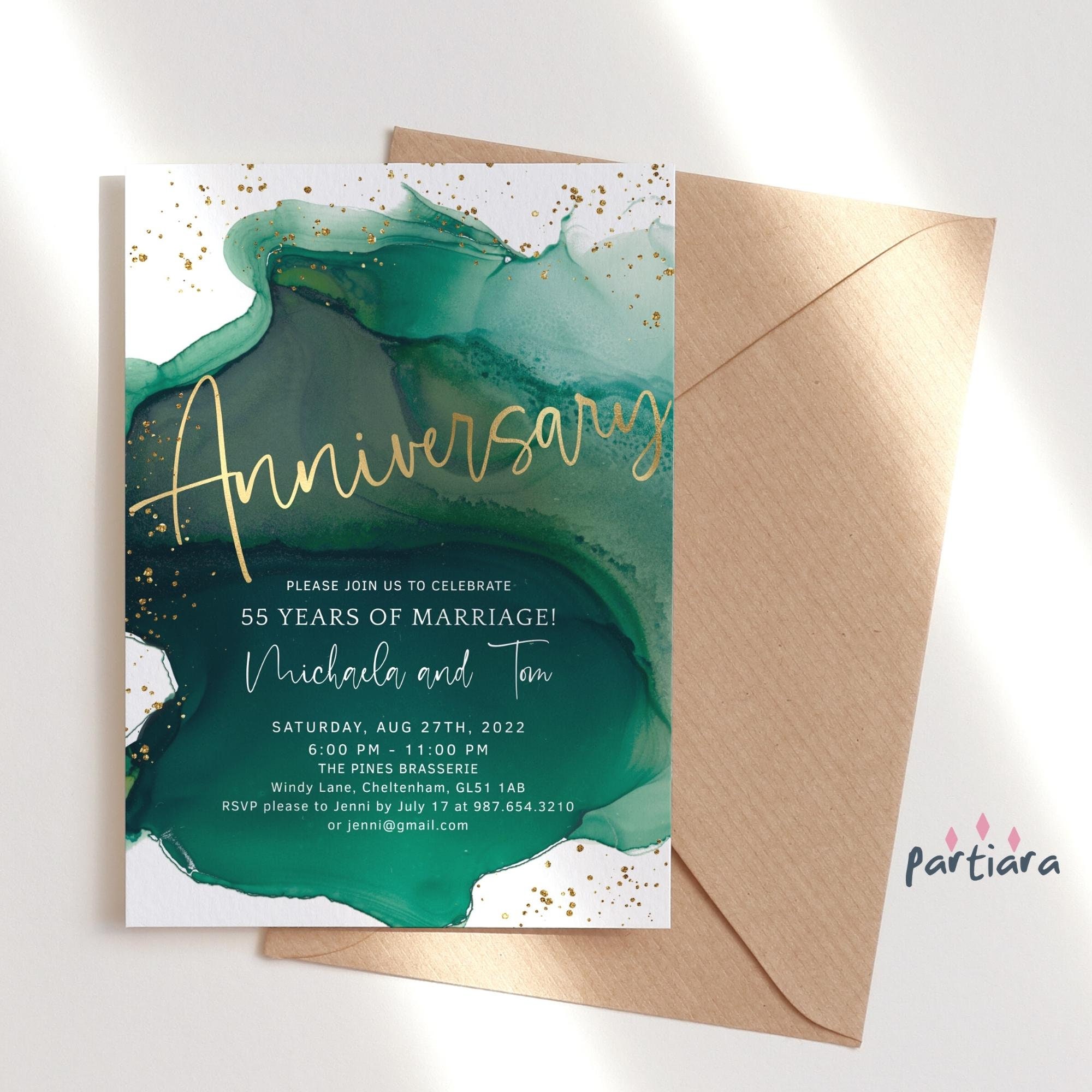 Emerald Wedding Anniversary Invitation Printable, Green Gold 55th
