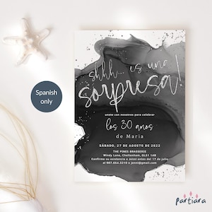 Invitación sorpresa en español, plantilla de invitación para fiesta de cumpleaños Sshh Its a Surprise, eventos para hombres o mujeres, decoración en negro y plateado, editable P246