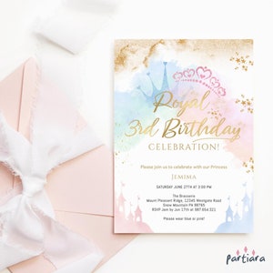 3rd Birthday Invitation Princess Party Digital Download, Girls Turning Three Fairytale Tiara Crown Invite Printable, Pastel Editable P137