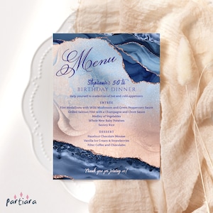 Editable Rose Pink Blue Menu Card Template, Ladies 50th 60th 70th Birthday Surprise Dinner Party Table Menus Printable Digital Download P139