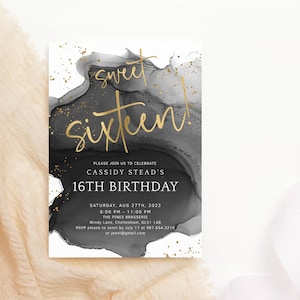 Sweet 16 Invitation, 16th Birthday Invitations, Sweet Sixteen Party Invites Printable, Black and Gold Decor, Editable Template Download P268