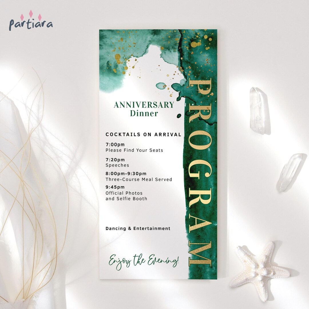 Editable Birthday Program Card Emerald Green and Gold Ladies Dinner ...