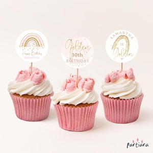 Golden Birthday Cupcake Toppers Set, Girls Fourever Golden Cakes Decor Printable, Pastel Pink Rainbows, Editable Template Download P249 P136