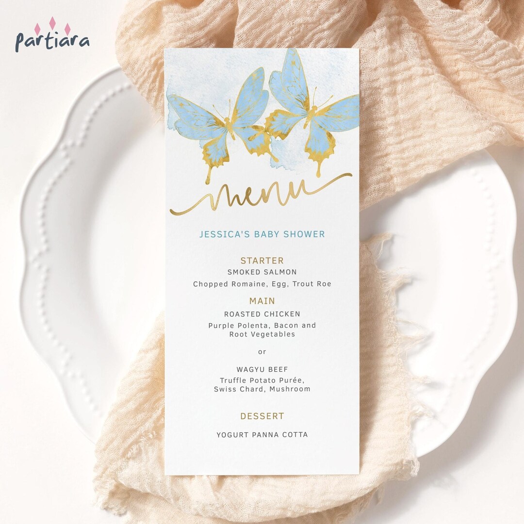 Baby Blue Butterfly Menu Card Printable Boy Baby Shower Party Table