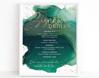 Signature Drinks Sign Emerald Green Birthday Dinner Party Printable Cocktail Bar Table Poster Editable Digital Download Template P257