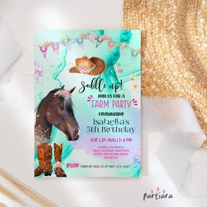 Faire-part de fête à la ferme, modèle d'invitation d'anniversaire fille cheval, carte de fête ranch d'été, déco vert violet, téléchargement numérique modifiable P478