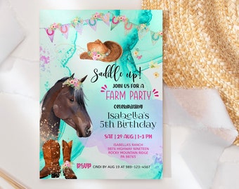 Horse Farm Party Invitation, Girl Birthday Party Invite Printable, Saddle Up Ranch Cowgirls Party, Editable Digital Download P478