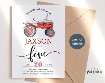 Boy 5th Birthday Invite Tractor Invitations Winter Farm Party Cards Printable Editable Digital Download Template Black Red Decor P94