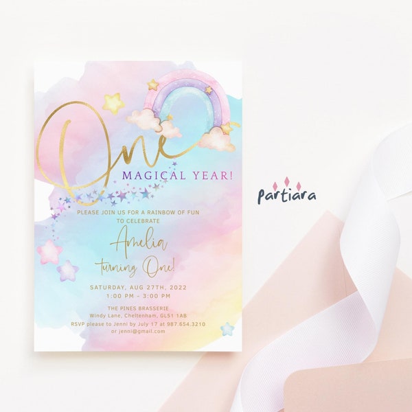 One Magical Year 1st Birthday Invite Girl Pastel Rainbow Tea Party Invitation Printable Editable Digital Download Template P179