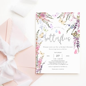 Lui le regala farfalle modello di invito per la festa nuziale, invito floreale con farfalle di fiori selvatici stampabile, download digitale modificabile P256