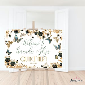 Birthday Butterfly Welcome Sign Template, Quinceanera Party Welcome Poster Printable, Emerald Green Floral Decor, Editable Download P193
